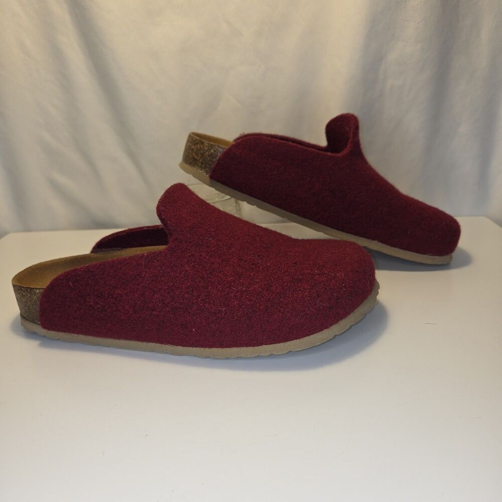Garnet Hill Red Wool Cork and Suede Footbed Mule Slippers Womens Size 9